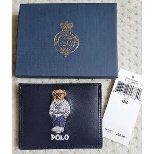 NWT Polo Ralph Lauren Embroidered BEAR Blue Leather Card Case GIFT BOX